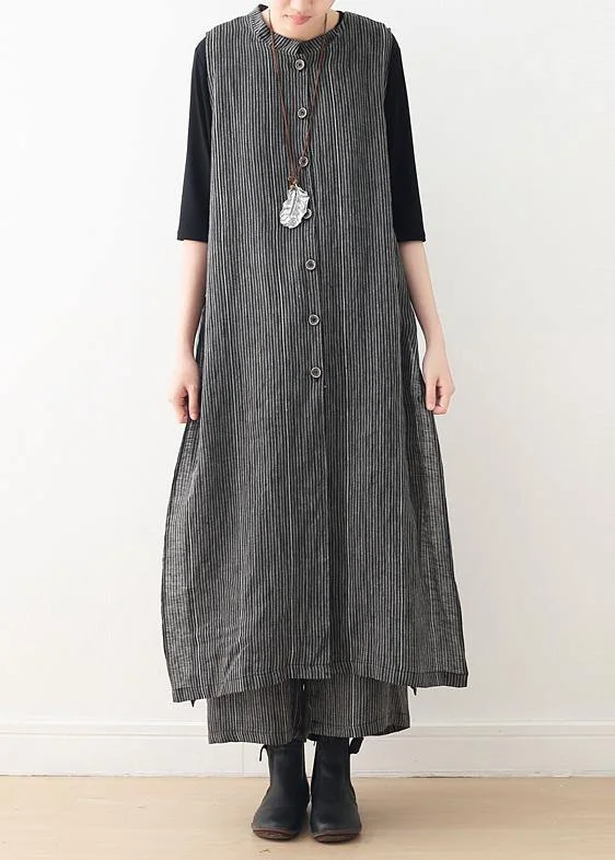 Spring cotton and linen art fresh gray striped two-piece suit cardigan wide leg pants