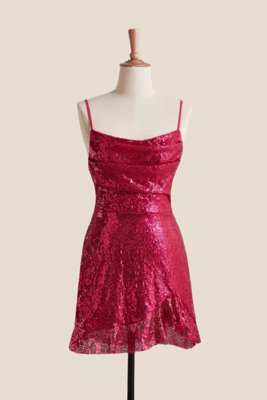 Straps Fuchsia Ruched Sequin Short Dress Sexy Sequin Dress