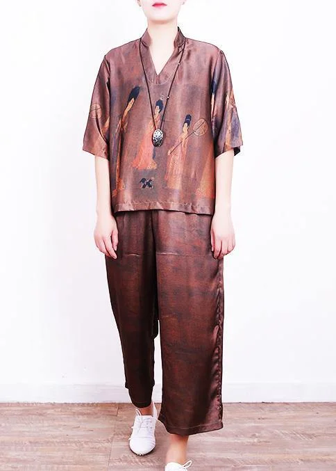 Summer new brown print loose loose shirt + wide leg pants set