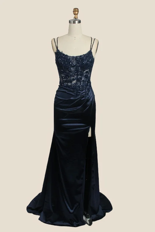 Double Straps Navy Blue Sequin Long Dress Party Sequin Dress