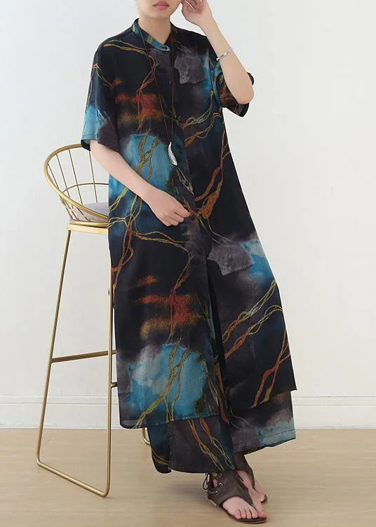 Spring And Summer Blue Print Shirt Top Loose Wide Leg Pants Two Piece Suit