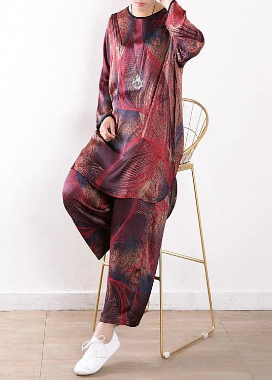 2024 Summer New Red Print Chiffon Suit Loose Shirt + Wide Leg Pants