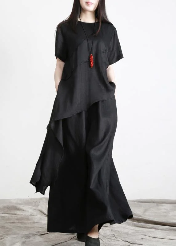 Black asymmetrical Design Linen Long Shirt Wide Leg Pants Summer