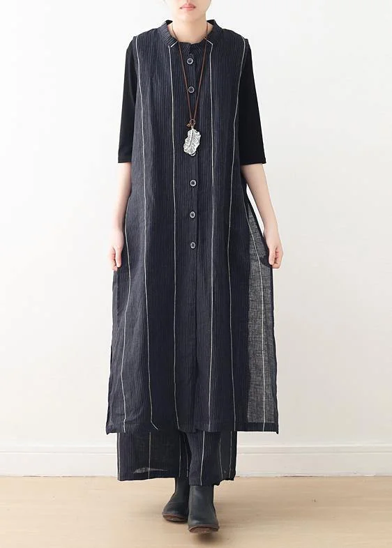 2024 Original Design Dark Blue Striped Cotton Linen Long Cardigan Wide Leg Pants Two Piece Set