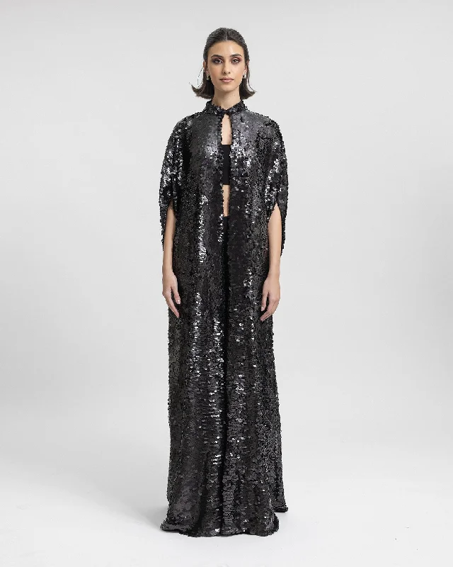 Open Floor-Length Black Sequins Kaftan Silver Glitter Sequin