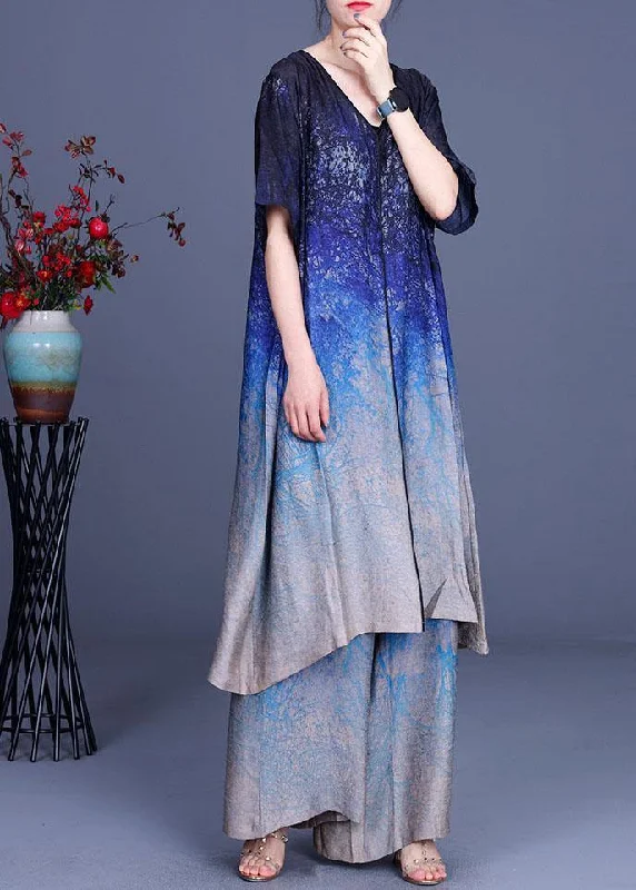 2024 Print Gradient Top + Wide Leg Pants Two Piece Set