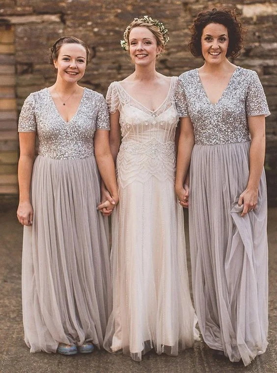 Short Sleeve Silver Sequins Bridesmaid Dress Silver Sequin Dress