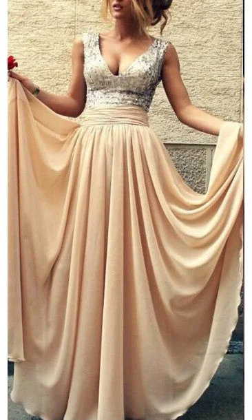 A line V-neck Sequins Champagne Prom Dress Colorful Sequin Dress