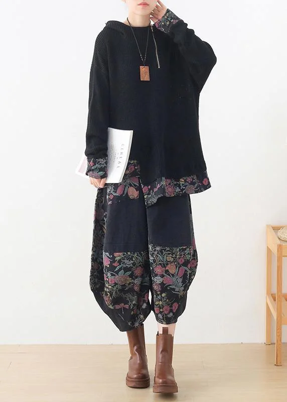 20 new zipper asymmetric black print Hoodie and patchwork wide leg pants