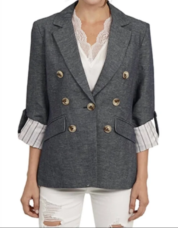 Linen Blend Blazer In Denim Office Blazer Style