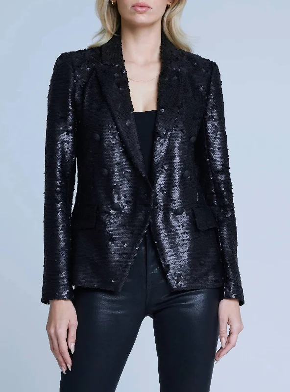 Kenzie Sequin Blazer In Matte Black Sequin Fitted Women’s Blazer