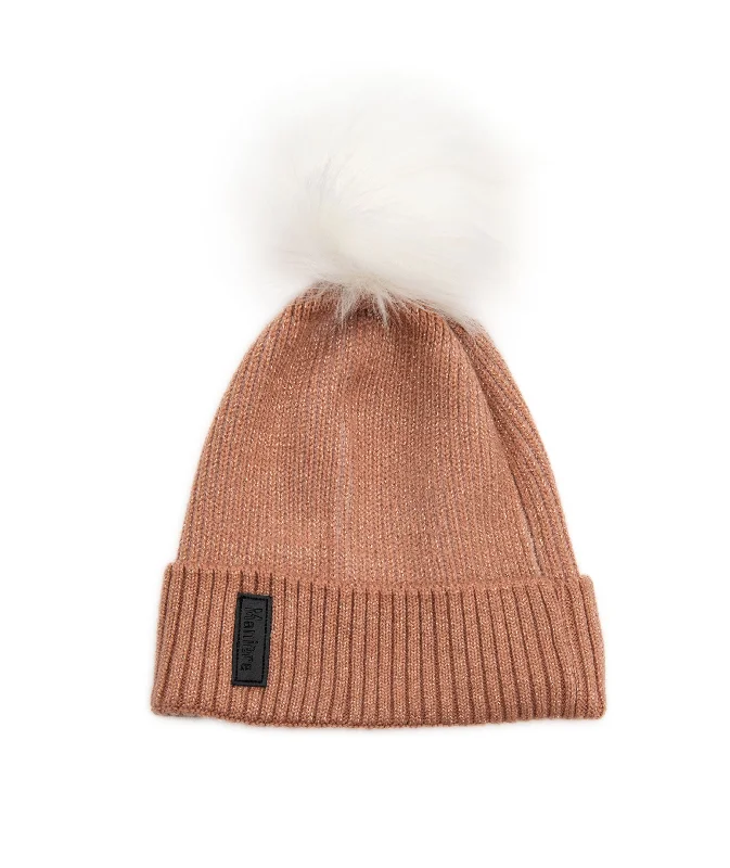 Maniere Mauve Ribbed Lurex Knit Hat With White Pom Women's winter puffer jackets