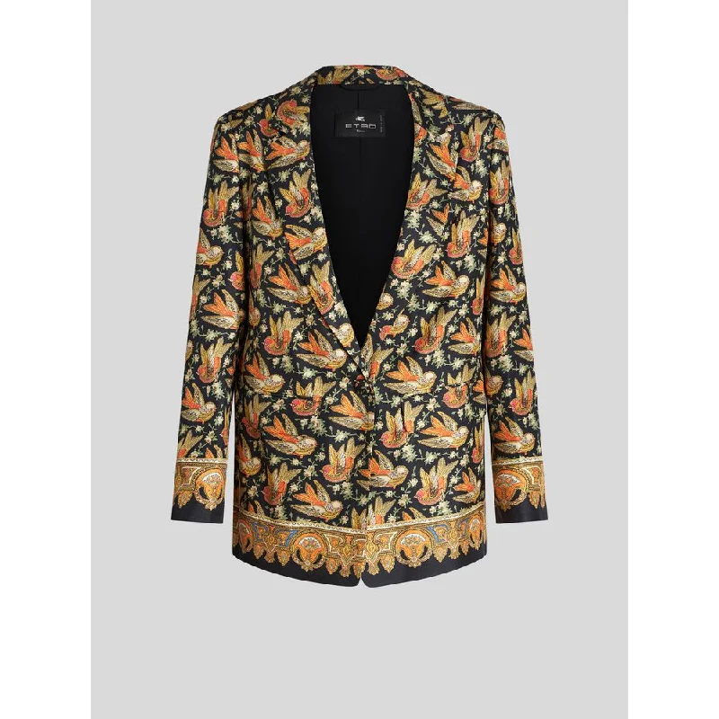 Twill Jacket With Printed Birds Cozy Blazer for Women