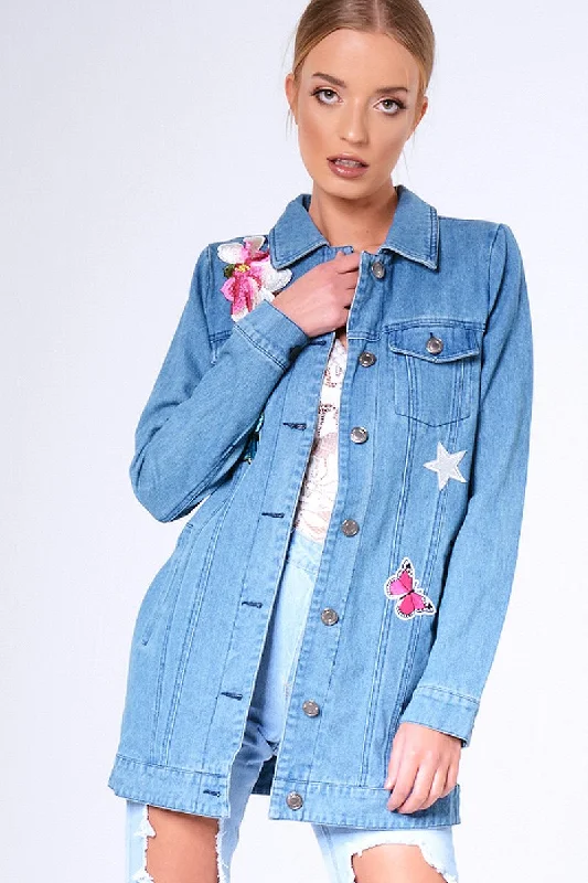 Blue Denim Embroidered Oversized Jacket - Helena Women's party jackets