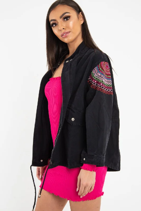 Black Embroidered Sequin Parka Denim Jacket - Laicee Women's formal jackets