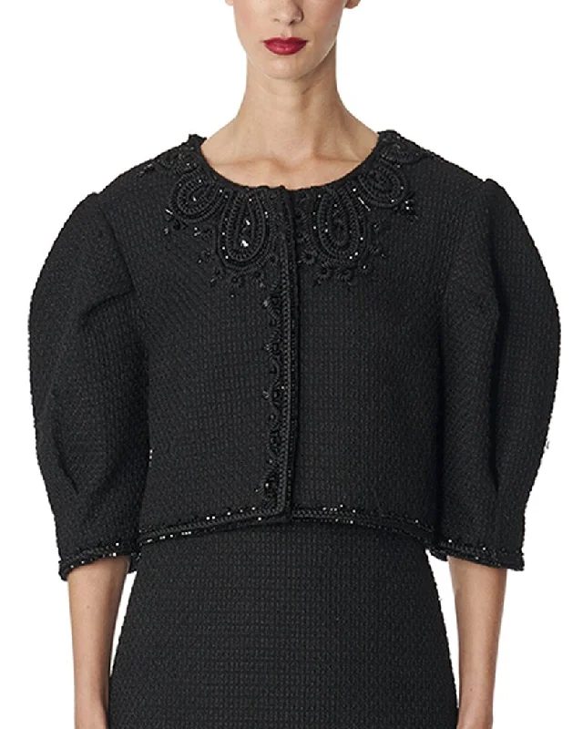 Carolina Herrera Embellished Puff Sleeve Cropped Jacket Blazer with Belt