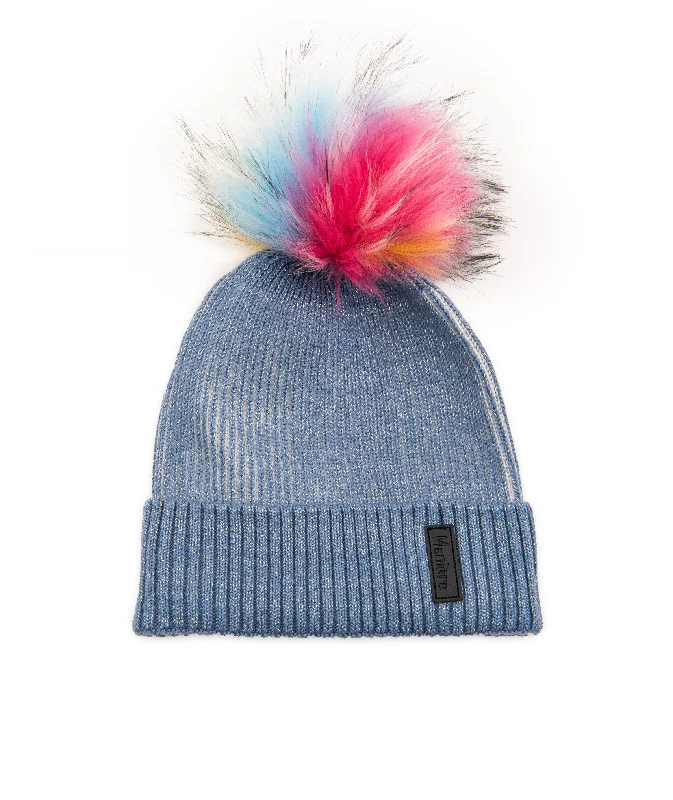 Maniere Blue Ribbed Lurex Knit Hat With Rainbow Pom Women's vintage jackets