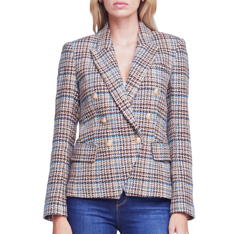 Kenzie Tweed Double-Breasted Blazer  In Tan Teal Multi Twill Plaid/star Printed Women’s Blazer