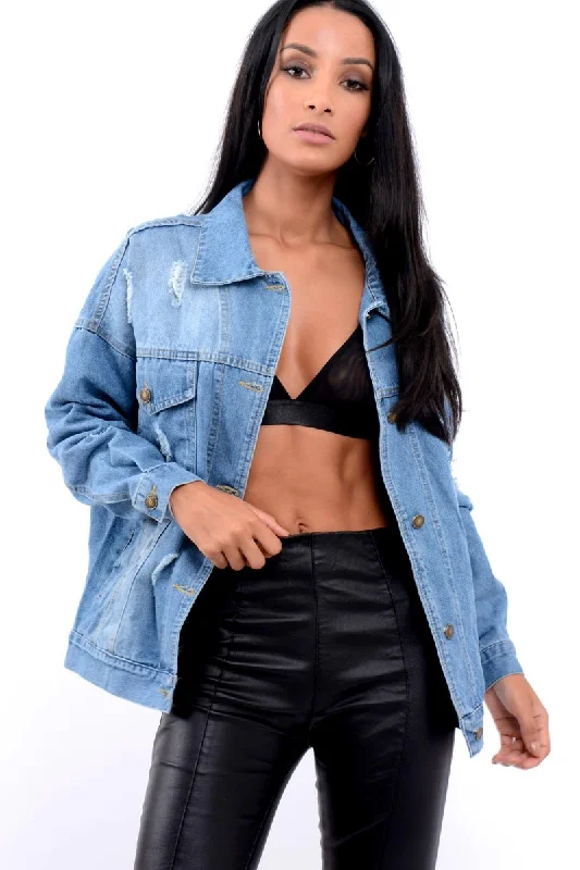 Denim Distressed Oversized Jacket with Floral Embroidery - Preena Women's thermal jackets