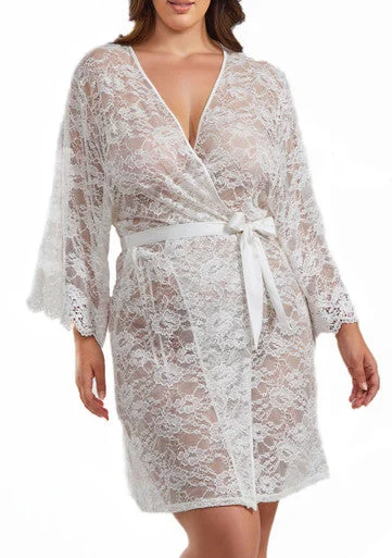 Andrea Rowena Plus Size Soft Sheer Lace Robe with Self Tie Satin Sash Spa pajama sets