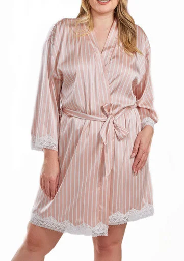 Brittney Plus Size Satin Striped 1pc Robe with Self Tie Sash and Trimmed in Lace Warm pajama sets