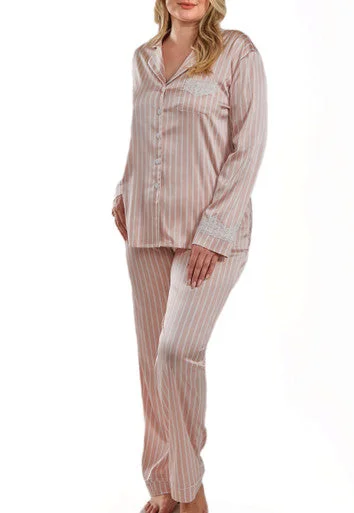 Brittney Plus Size Satin Striped Button Down Pajama Pant Set Thermal pajama sets