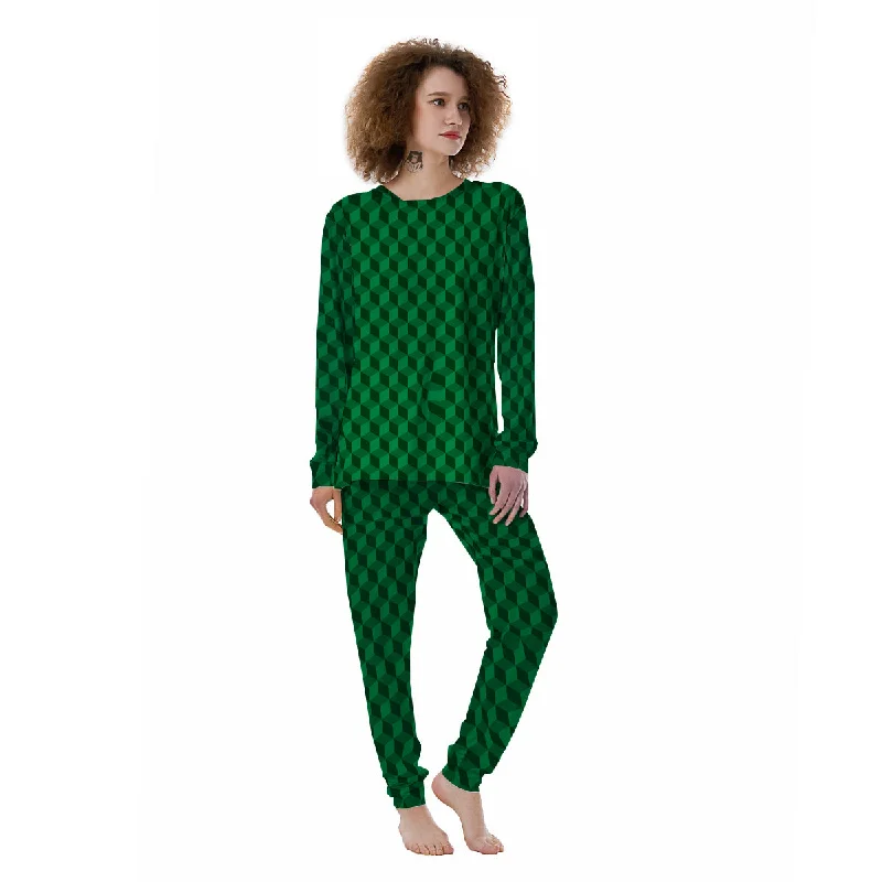 Geometric Cube Dark Green Print Pattern Women's Pajamas Long sleeve pajama sets