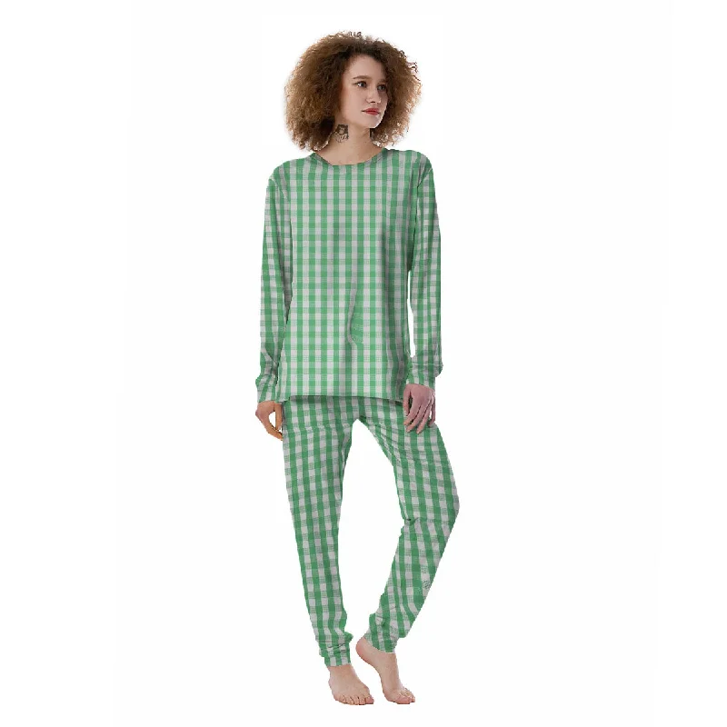 Gingham White And Green Print Pattern Women's Pajamas Linen pajama sets