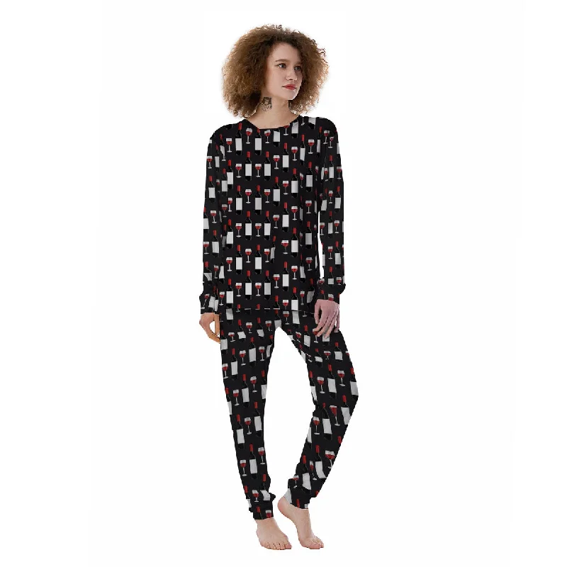 Glasses Of Wine And Bottles Print Pattern Women's Pajamas Discounted pajama sets