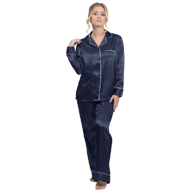 Satin Pajama Sets with contrast piping for women - Navy Blue Budget-friendly pajama sets