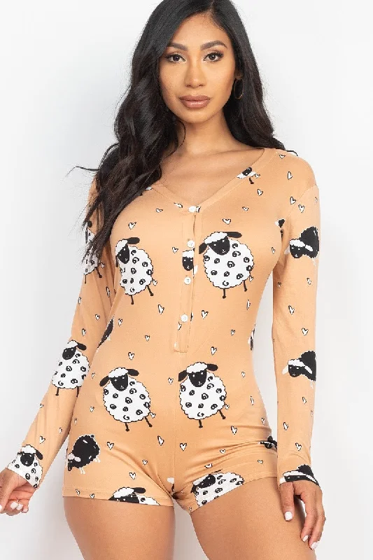 Sheep Print V-neck Button Romper - 4 colors - Ships from The US Best pajama sets for honeymoon