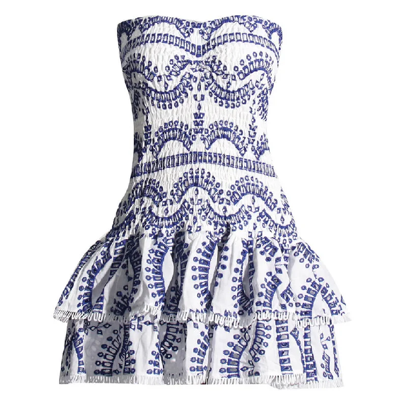 Boho Strapless Smocked Broderie Anglaise Tiered Ruffled Vacation Mini Dress Flattering mini dresses for all body types