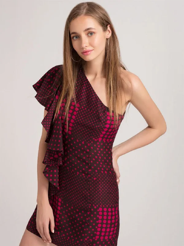 Fuchsia Polka One Shoulder Dress Spring mini dresses