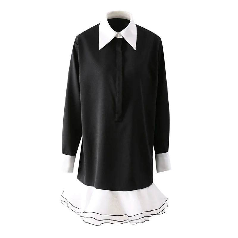 Preppy Color Block Collar Button Up Organza Ruffle Mermaid Crepe Mini Shirt Dress Formal mini dresses