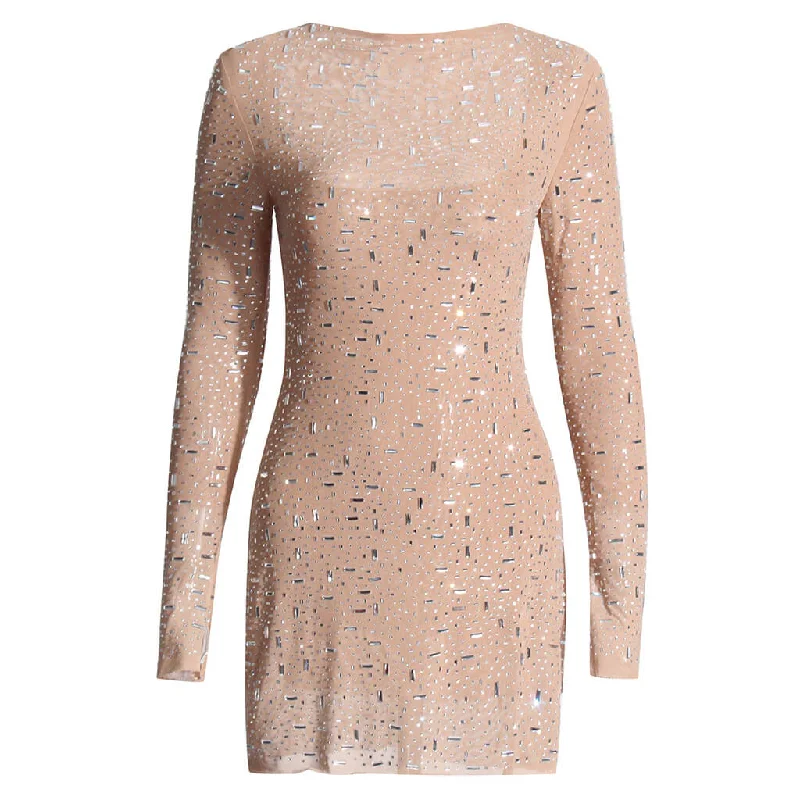 Sparkly Crystal Square Neck Split Sleeve Bodycon Sheer Mesh Mini Dress Trendy mini dresses under $50