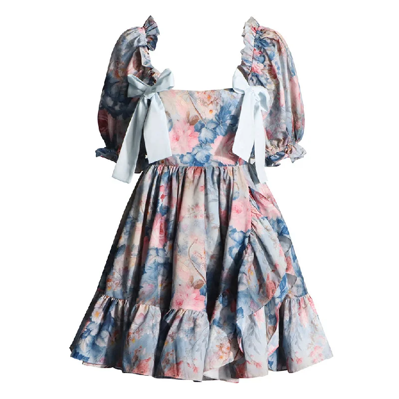 Sweet Floral Print Square Neck Puff Sleeve Ruffle Flared Bow Trim Mini Dress Wedding guest mini dresses