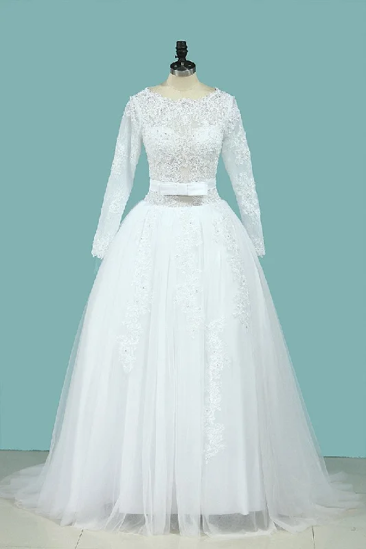 A Line Wedding Dresses Long Sleeves Scoop With Applique Court Train Elegant Bridal Gown