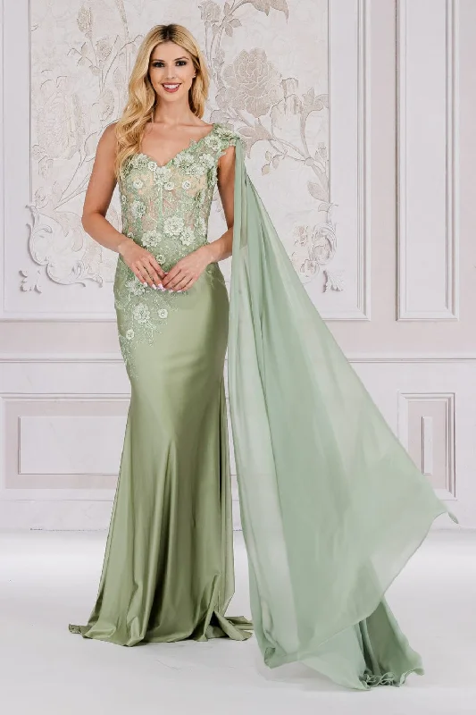 3D Floral One Shoulder Cape Gown by Amelia Couture 388 Soft Lace Gown