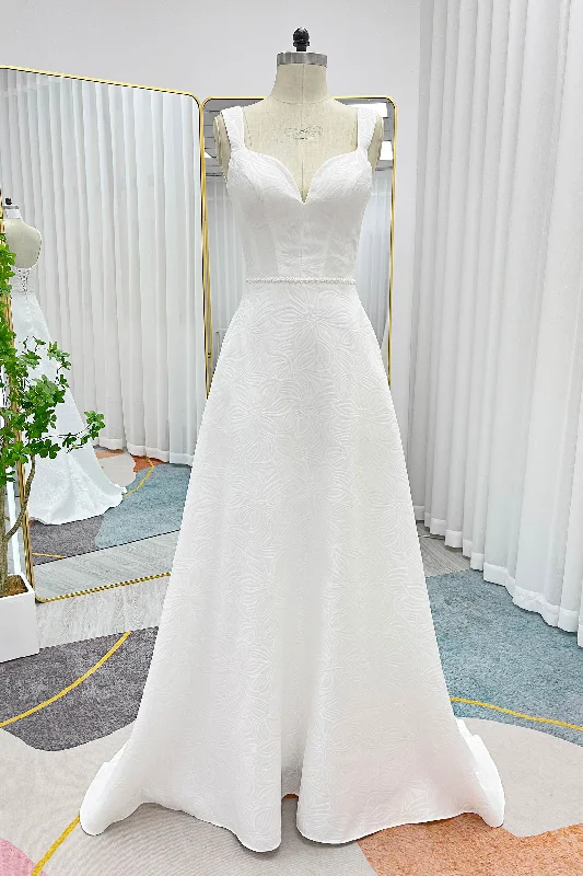 A-Line Sweep-Brush Train Jacquard Satin Wedding Dress CW3293 Embroidered Wedding Dress