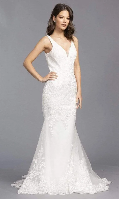 Aspeed Bridal - L2143 V Neck Embroidered Tulle Bridal Gown Floral Wedding Gown