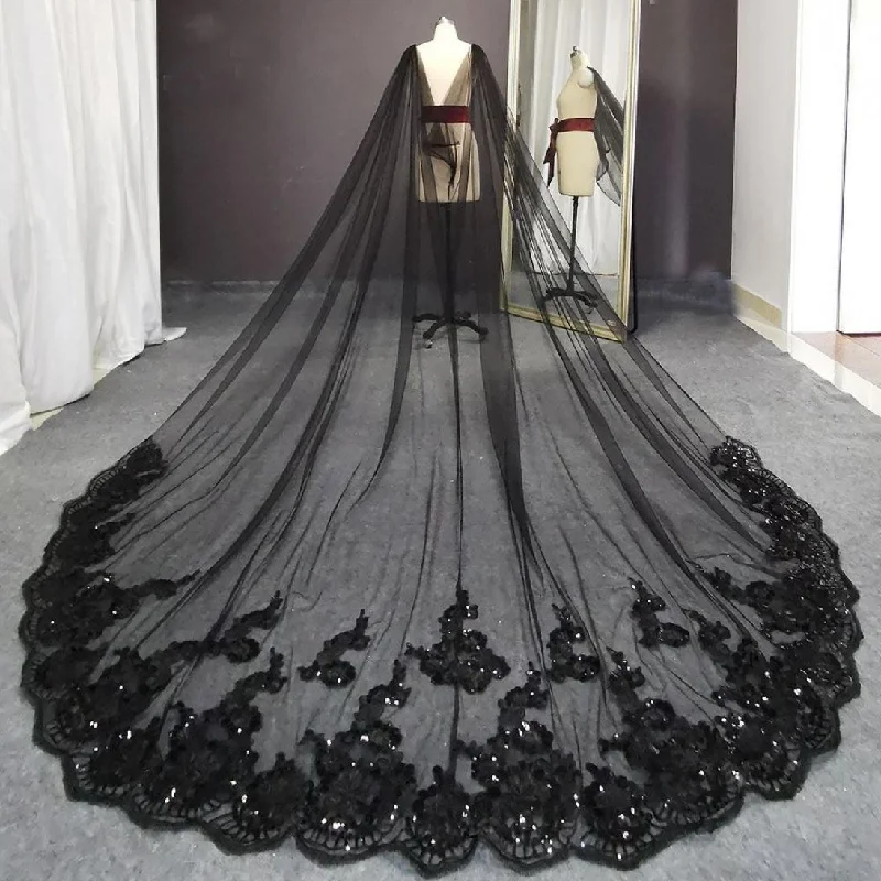 Black Sequined Long Veil Luxury Wedding Dress