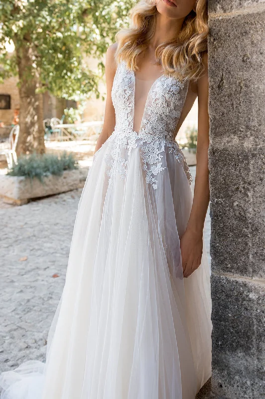 A Line Illusion Dep V Neck Lace Appliques Boho Wedding Dress QW2308 Soft Satin Bridal