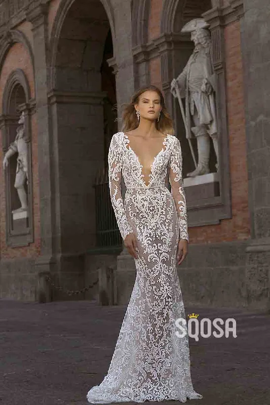 Illusion Deep V neck Long Sleeves Romanic Lace Mermaid Wedding Dress QW2456 Strapless Wedding Gown