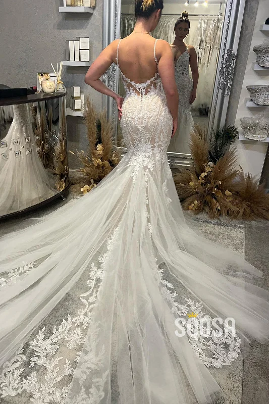 Spaghetti Straps V-Neck Lace Appliques Mermaid Wedding Dress QW2572 Simple Wedding Gown