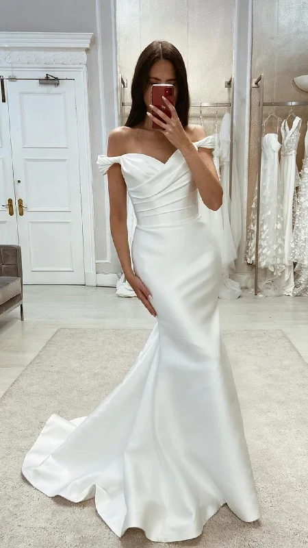 Chic Satin Trumpet Off-Shoulder Ruched With Train Beach Wedding Dess QW8118 Soft Lace Gown