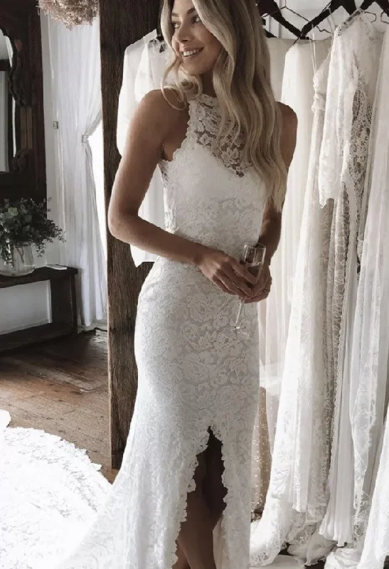 Elegant Open Back Long Lace Wedding Dresses with Split Side Ruffled Wedding Dress