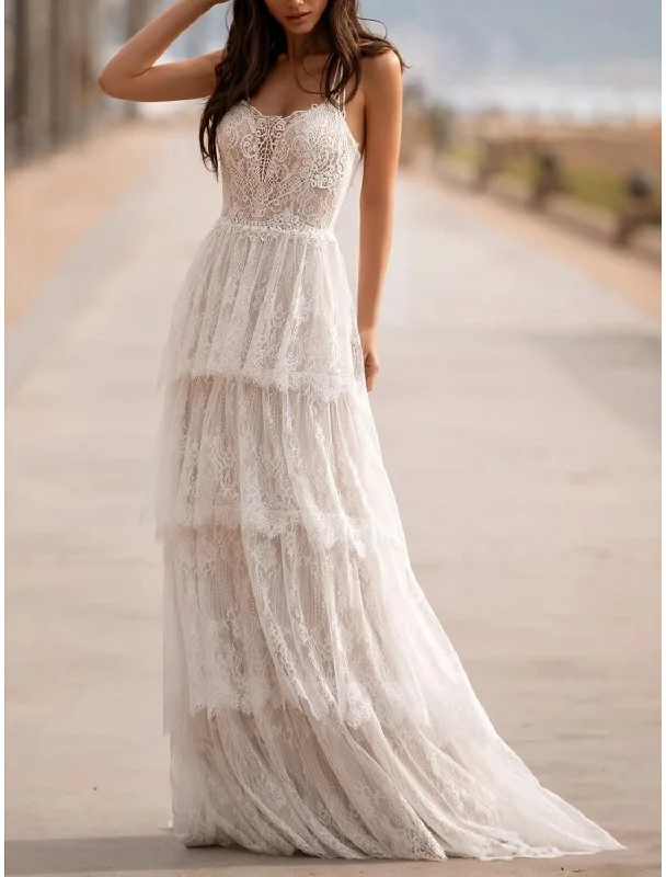 Mature Wedding Dresses A-Line Camisole Sleeveless Sweep / Brush Train Lace Bridal Gowns With Pleats Solid Color Beautiful Bridal Gown