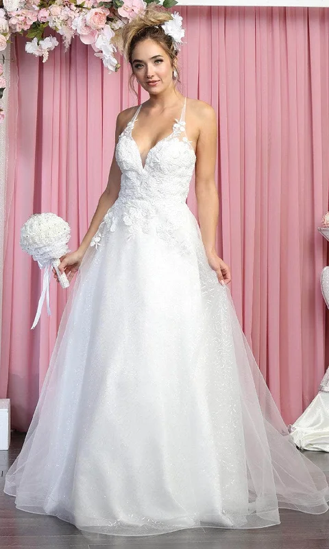 May Queen Bridal RQ7882 - Plunging Tulle Wedding Gown Romantic Satin Dress