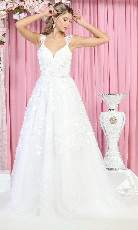 May Queen RQ7926 - Floral V Neck Bridal Gown Satin Bridal Gown