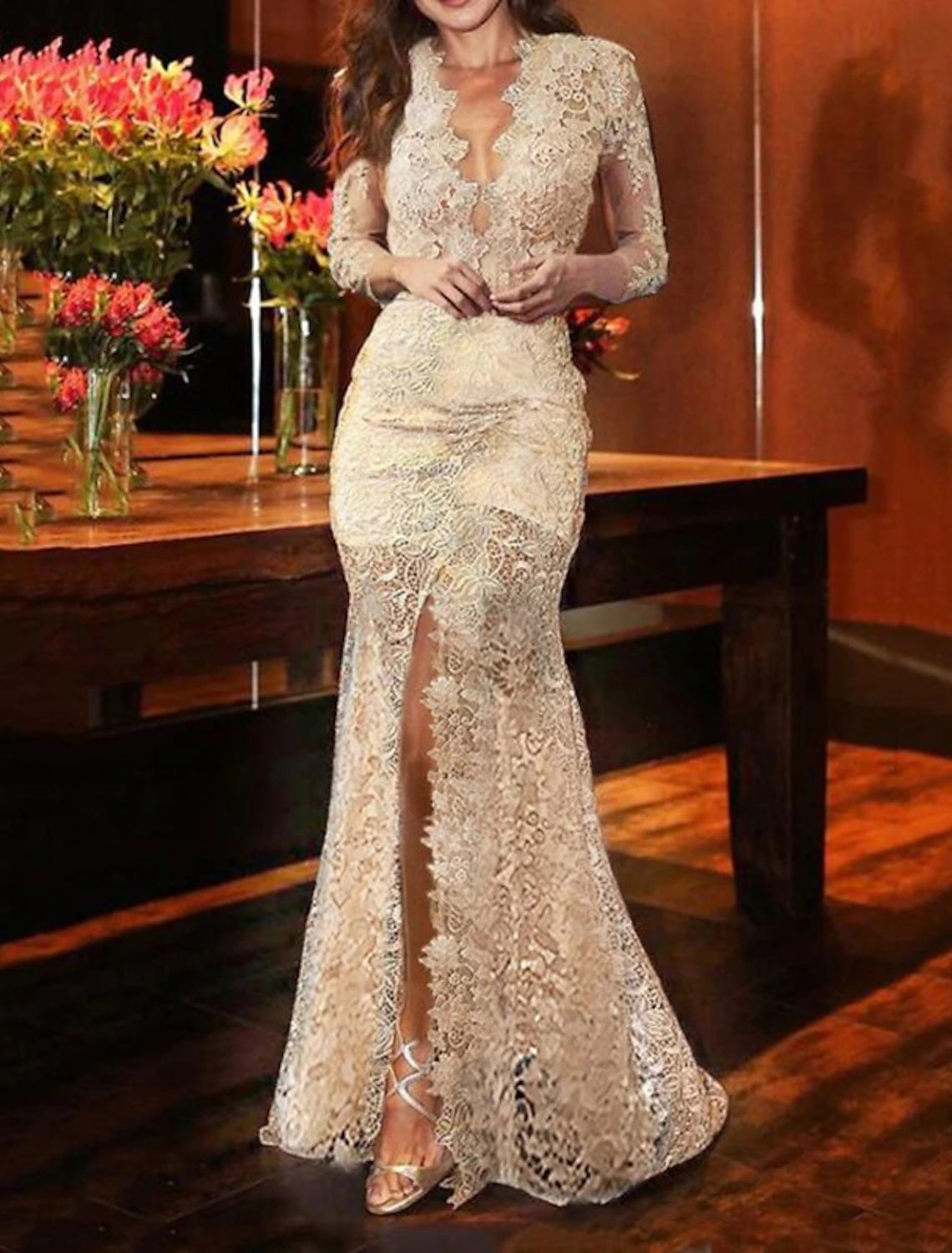 Mermaid / Trumpet Evening Gown Sexy Dress Formal Wedding Guest Sweep / Brush Train Long Sleeve V Neck Fall Wedding Reception Lace with Slit Appliques Ruffle Wedding Gown